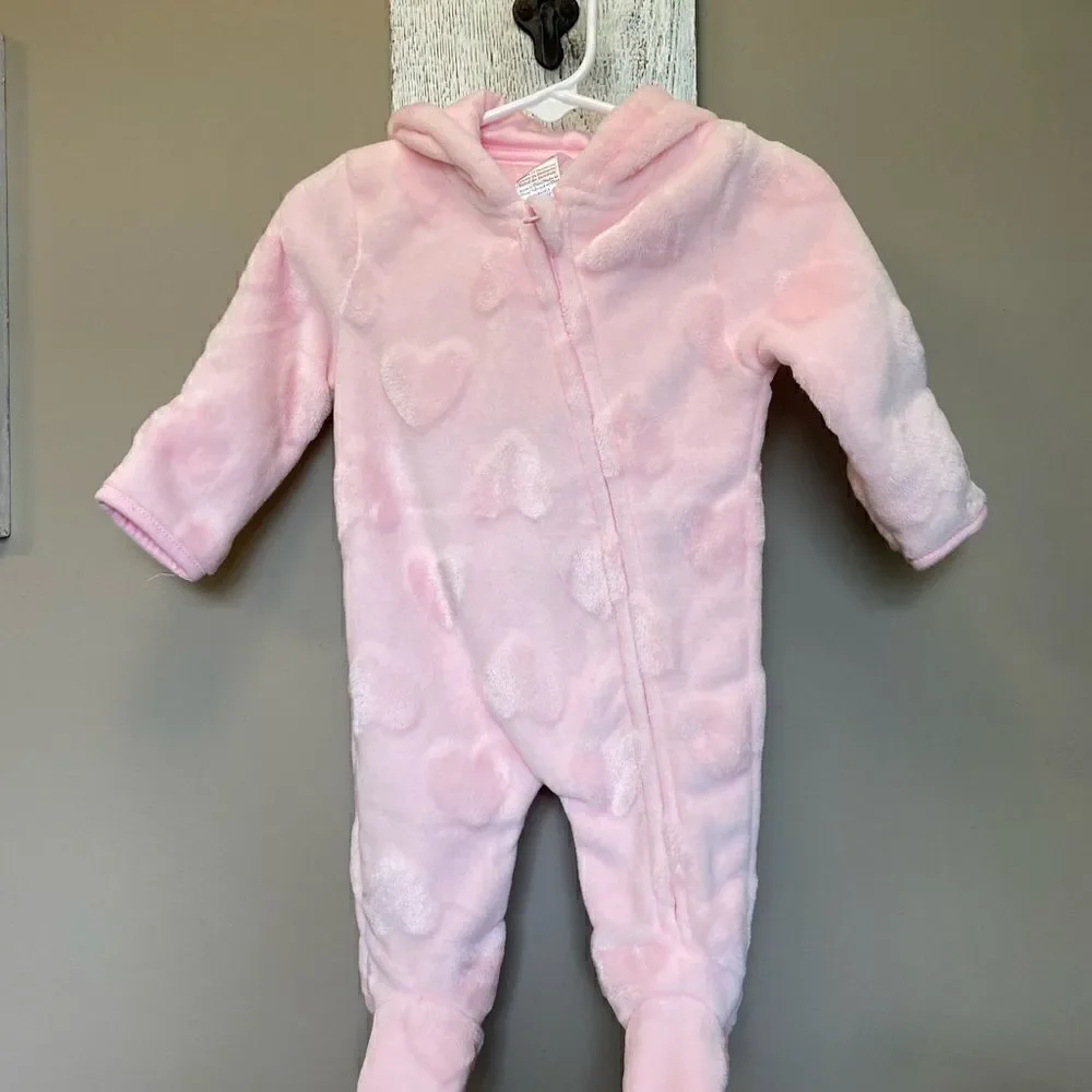 Little Beginnings 0-3 Baby Girl Plush Pink Footie with Hood